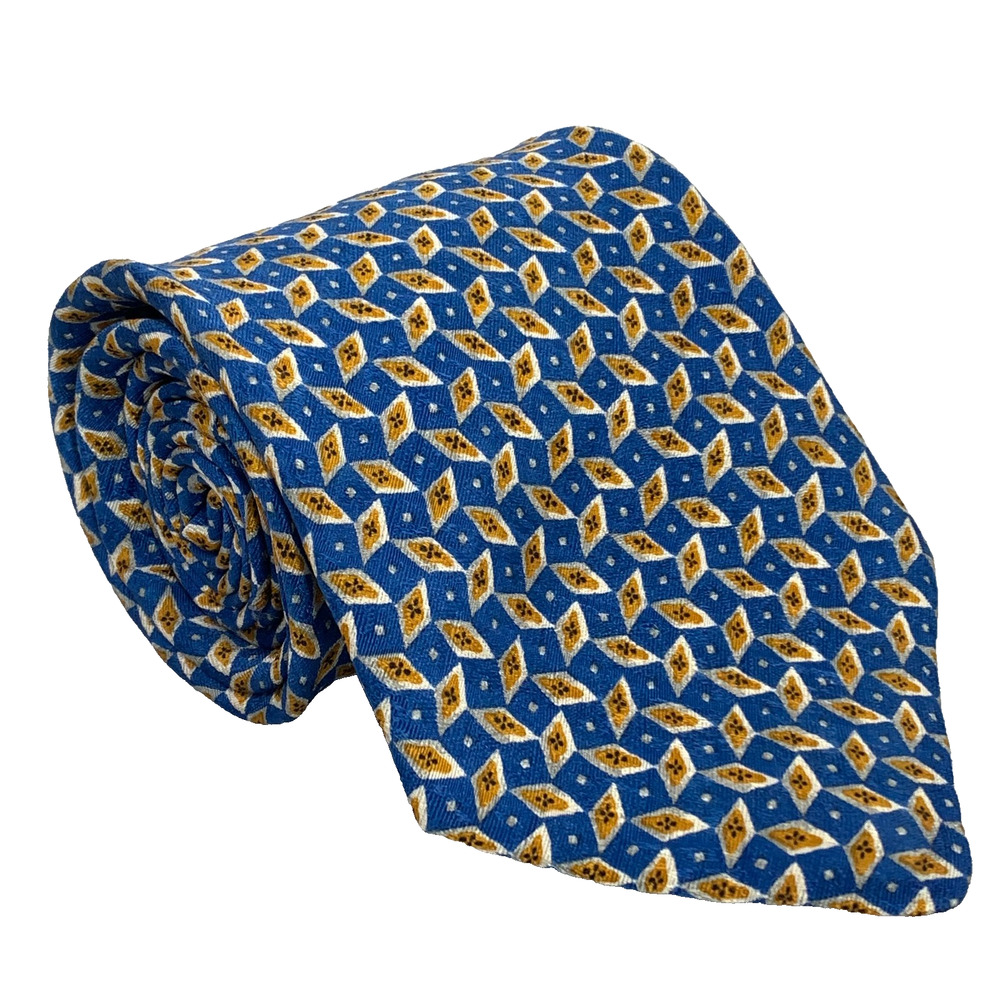 BROOKS BROTHERS MAKERS Silk Neck Tie 54" x 4" Gold White Diamond on Blue USA NWT